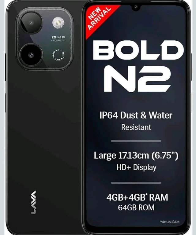 Lava Bold N2 (Indus Black, 4 GB RAM, 64 GB Storage) | 13MP AI Dual Rear Camera | Largest 6.75" HD+ Display | 5000 mAh Battery & 10W Charging | IP64 Water & Dust Proof | Charger & Phone-Case in Box - Indus black
