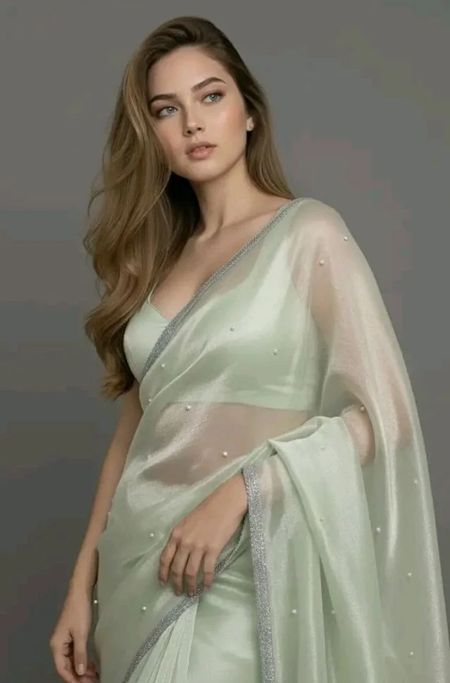 Unique Store Women Sari with Net Fabric, Elegant Lace Border and Pearl Work, Designer Saree for women