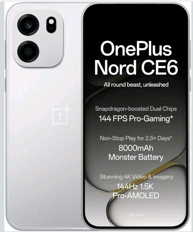 OnePlus Nord CE6 | 8GB+128GB | Lunar Pearl | Snapdragon 7s Gen 4 | Segment's Fastest Touch Response | 8000mAh Battery | 144Hz 1.5K AMOLED Display | 50MP Main + 32MP Selfie 4K Cameras | IP66,68,69,69K - Lunar pearl