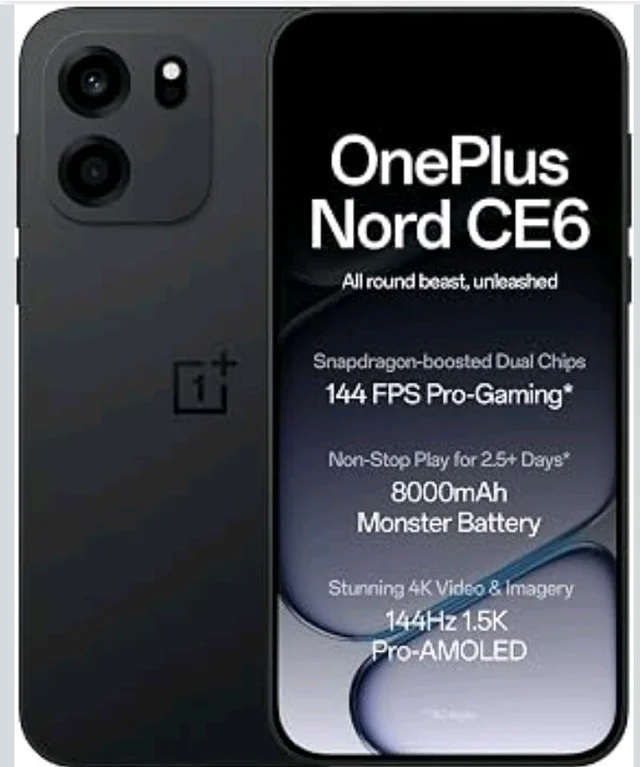 OnePlus Nord CE6 | 8GB+128GB | Pitch Black | Snapdragon 7s Gen 4 | Segment's Fastest Touch Response | 8000mAh Battery | 144Hz 1.5K AMOLED Display | 50MP Main + 32MP Selfie 4K Cameras | IP66,68,69,69K - Pich Black