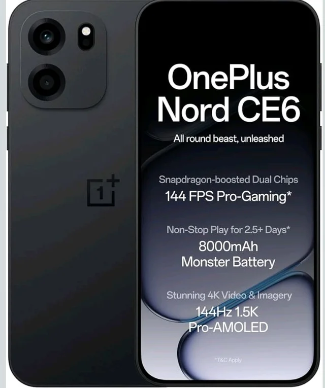 OnePlus Nord CE6 | 8GB+256GB | Pitch Black | Snapdragon 7s Gen 4 | Segment's Fastest Touch Response | 8000mAh Battery | 144Hz 1.5K AMOLED Display | 50MP Main + 32MP Selfie 4K Cameras | IP66,68,69,69K - Pich Black