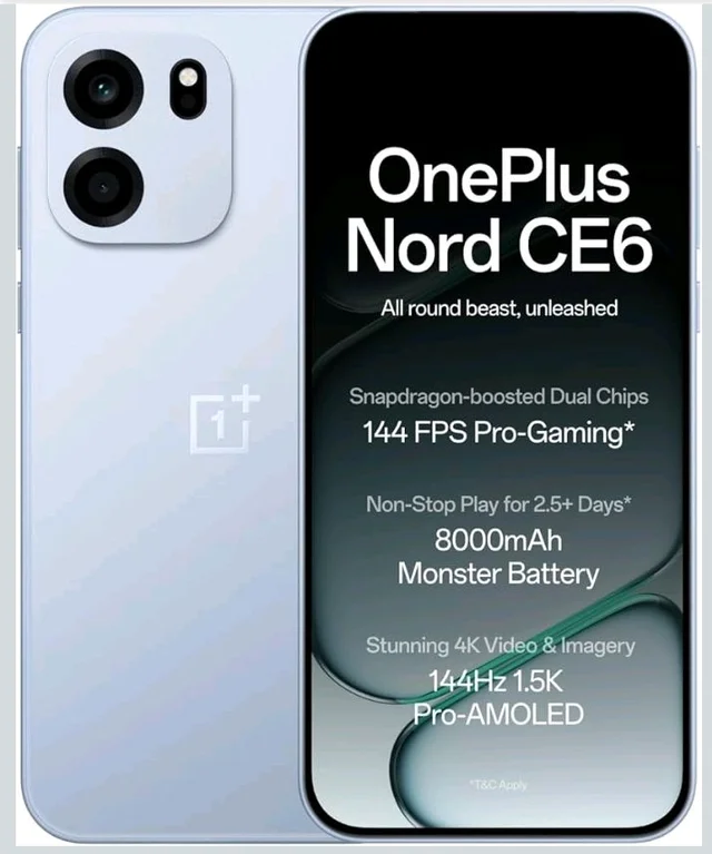 OnePlus Nord CE6 | 8GB+256GB | Fresh Blue | Snapdragon 7s Gen 4 | Segment's Fastest Touch Response | 8000mAh Battery | 144Hz 1.5K AMOLED Display | 50MP Main + 32MP Selfie 4K Cameras | IP66,68,69,69K - Fresh Blue