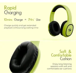 ZEBRONICS Thunder Bluetooth Wireless On Ear Headphone FM, mSD, 60hrs Playback with Mic (Neon Yellow)