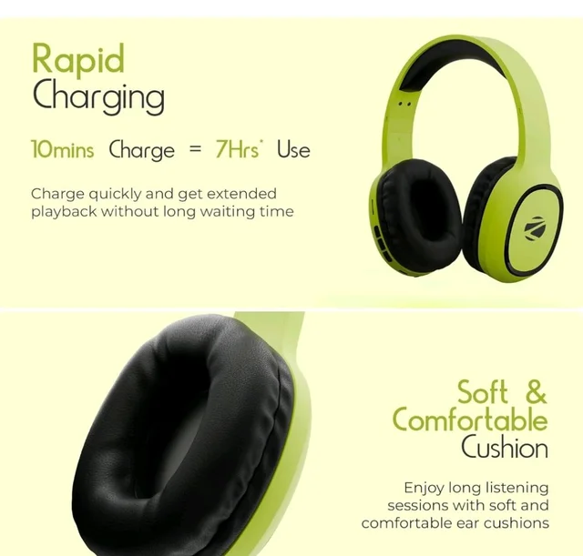 ZEBRONICS Thunder Bluetooth Wireless On Ear Headphone FM, mSD, 60hrs Playback with Mic (Neon Yellow)