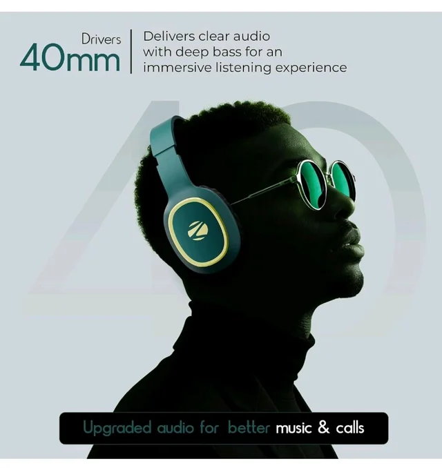 Zebronics Thunder (2026 Upgrade) Wireless Headphones, BT v6.0, True 60 hrs Playback, 40mm Drivers, ENC, Gaming Mode, Dual Pairing, AUX & microSD, Rapid Charging, Call Function (Teal Green)