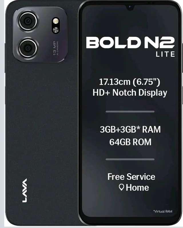 Lava Bold N2 Lite (Nilgiri Blue, 3 GB RAM, 64 GB Storage) | 6.75" HD+ Display | 13MP AI Dual Rear Camera | 5000 mAh Battery | Secure Face Unlock | Fingerprint Reader | Charger & Phone-Cover in Box - Nilgiri Blue