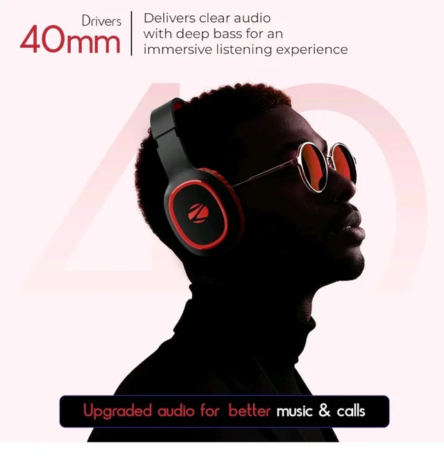 Zebronics Thunder (2026 Upgrade) Wireless Headphones, BT v6.0, True 60 hrs Playback, 40mm Drivers, ENC, Gaming Mode, Dual Pairing, AUX & microSD, Rapid Charging, Call Function (Red)