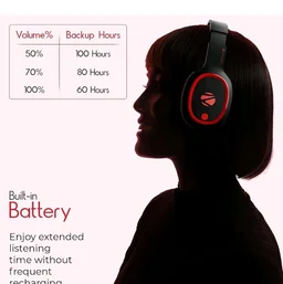 Zebronics Thunder (2026 Upgrade) Wireless Headphones, BT v6.0, True 60 hrs Playback, 40mm Drivers, ENC, Gaming Mode, Dual Pairing, AUX & microSD, Rapid Charging, Call Function (Red)