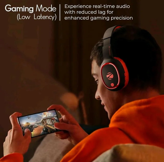 Zebronics Thunder (2026 Upgrade) Wireless Headphones, BT v6.0, True 60 hrs Playback, 40mm Drivers, ENC, Gaming Mode, Dual Pairing, AUX & microSD, Rapid Charging, Call Function (Red)