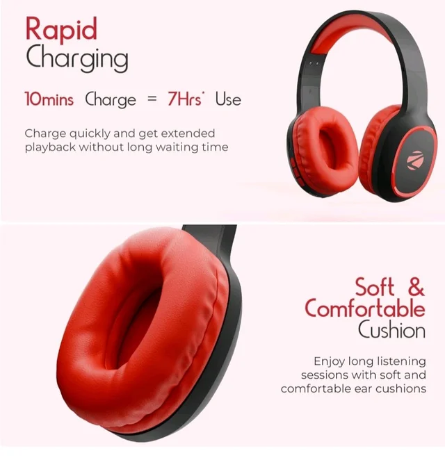 Zebronics Thunder (2026 Upgrade) Wireless Headphones, BT v6.0, True 60 hrs Playback, 40mm Drivers, ENC, Gaming Mode, Dual Pairing, AUX & microSD, Rapid Charging, Call Function (Red)