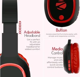 Zebronics Thunder (2026 Upgrade) Wireless Headphones, BT v6.0, True 60 hrs Playback, 40mm Drivers, ENC, Gaming Mode, Dual Pairing, AUX & microSD, Rapid Charging, Call Function (Red)
