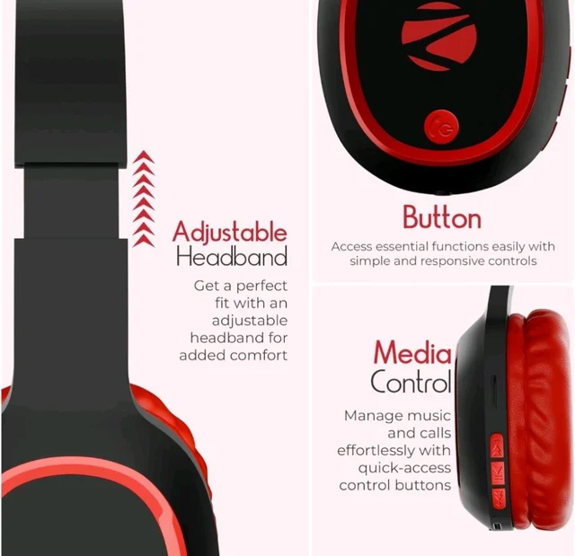 Zebronics Thunder (2026 Upgrade) Wireless Headphones, BT v6.0, True 60 hrs Playback, 40mm Drivers, ENC, Gaming Mode, Dual Pairing, AUX & microSD, Rapid Charging, Call Function (Red)