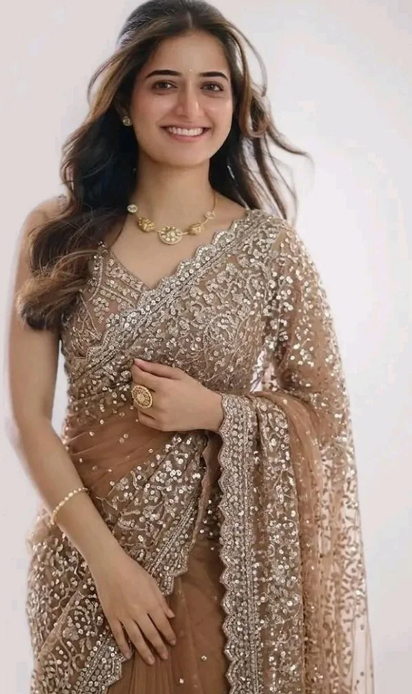 Naari Women's Brown Beige Chiku Net Gold Sequence Saree With Blouse (Soneri New 3)