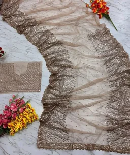 Naari Women's Brown Beige Chiku Net Gold Sequence Saree With Blouse (Soneri New 3)