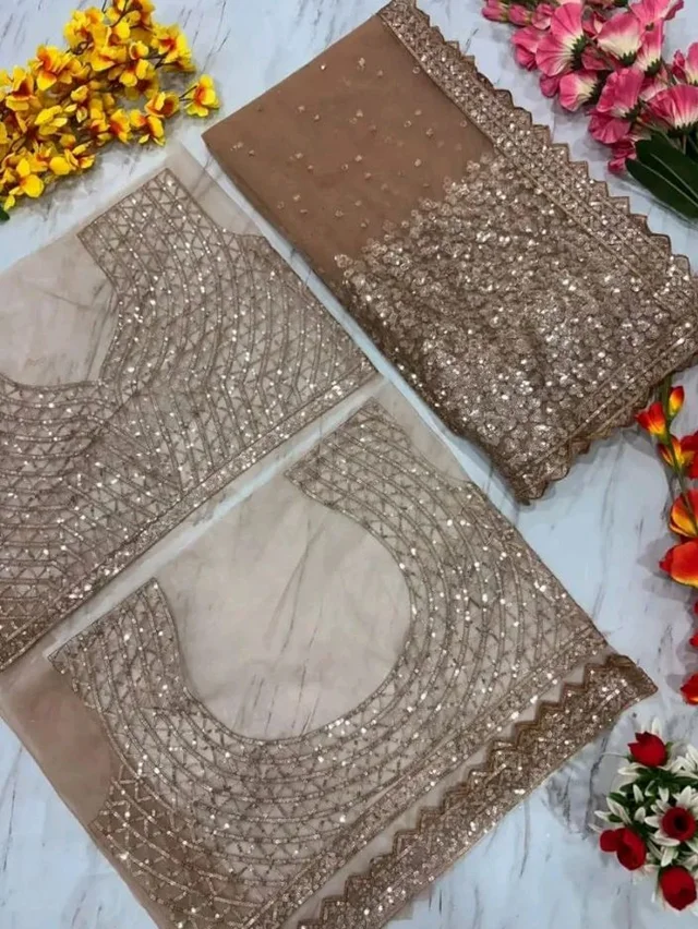 Naari Women's Brown Beige Chiku Net Gold Sequence Saree With Blouse (Soneri New 3)
