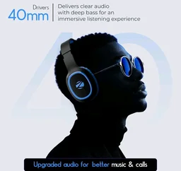 Zebronics Thunder (2026 Upgrade) Wireless Headphones, BT v6.0, True 60 hrs Playback, 40mm Drivers, ENC, Gaming Mode, Dual Pairing, AUX & microSD, Rapid Charging, Call Function (Blue)