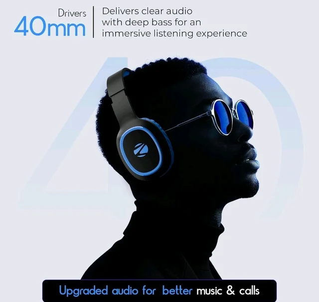 Zebronics Thunder (2026 Upgrade) Wireless Headphones, BT v6.0, True 60 hrs Playback, 40mm Drivers, ENC, Gaming Mode, Dual Pairing, AUX & microSD, Rapid Charging, Call Function (Blue)