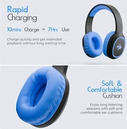 Zebronics Thunder (2026 Upgrade) Wireless Headphones, BT v6.0, True 60 hrs Playback, 40mm Drivers, ENC, Gaming Mode, Dual Pairing, AUX & microSD, Rapid Charging, Call Function (Blue)