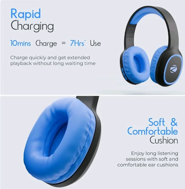 Zebronics Thunder (2026 Upgrade) Wireless Headphones, BT v6.0, True 60 hrs Playback, 40mm Drivers, ENC, Gaming Mode, Dual Pairing, AUX & microSD, Rapid Charging, Call Function (Blue)