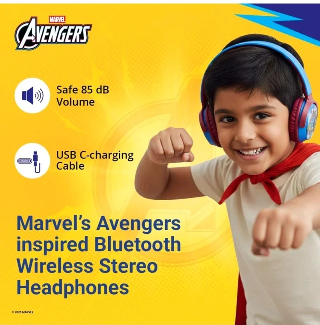 Marvel Avengers Kids Bluetooth Stereo Headphones with Mic | Swivel & Foldable Cups | Kids Safe 85dB Volume | Aux Input | 22H Playtime | Voice Assistant | Perfect for Boys | Ages 5-16