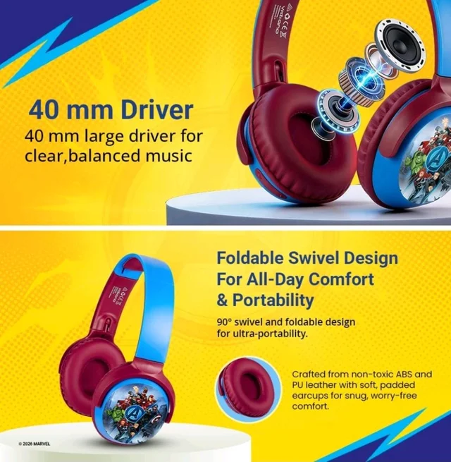 Marvel Avengers Kids Bluetooth Stereo Headphones with Mic | Swivel & Foldable Cups | Kids Safe 85dB Volume | Aux Input | 22H Playtime | Voice Assistant | Perfect for Boys | Ages 5-16