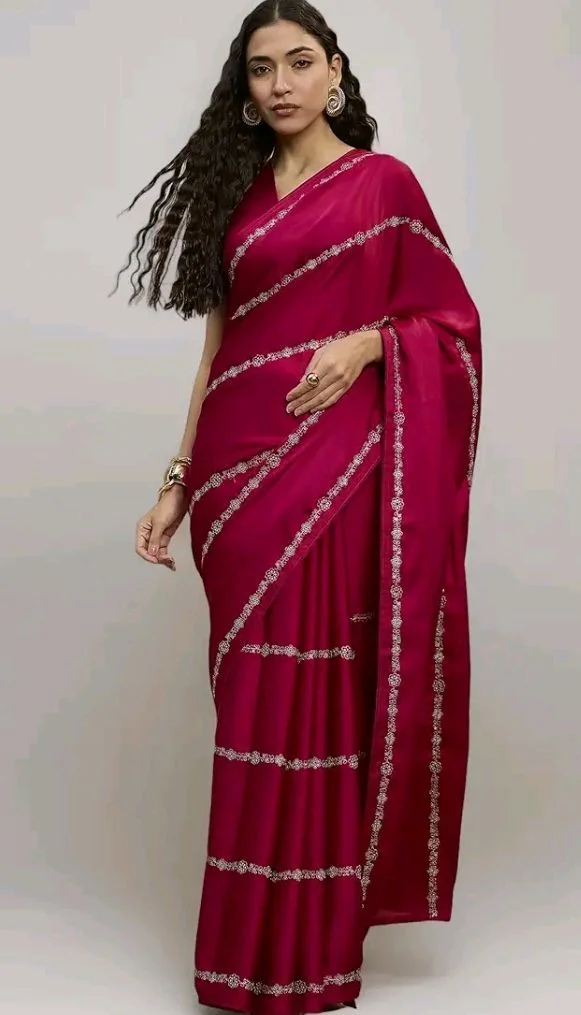 Visit the SUBHASH Store
SUBHASH Striped Embroidered Zari Satin Saree
