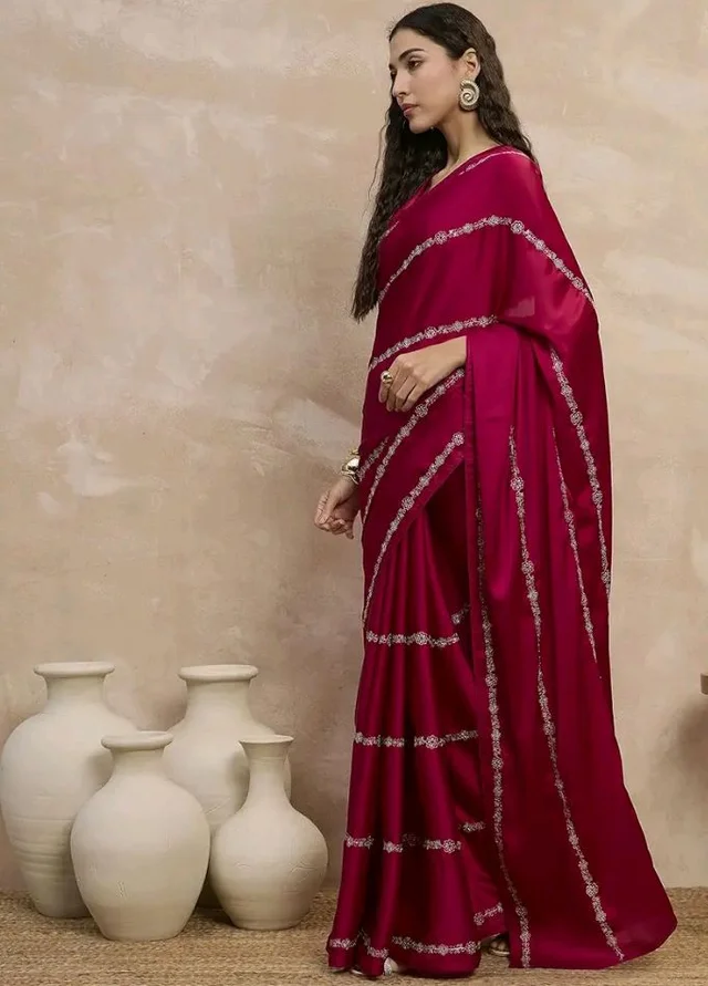 Visit the SUBHASH Store
SUBHASH Striped Embroidered Zari Satin Saree