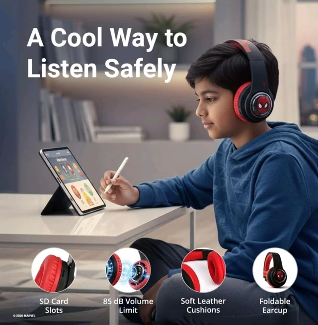 Marvel Spider-Man Kids 3D Bluetooth Wireless Stereo Headphones with Mic| Foldable Ear Cups | Kids Safe 85dB Volume| Aux & SD Card Input | RGB Lights | 30H Playtime | Perfect for Boys | Ages 5-16