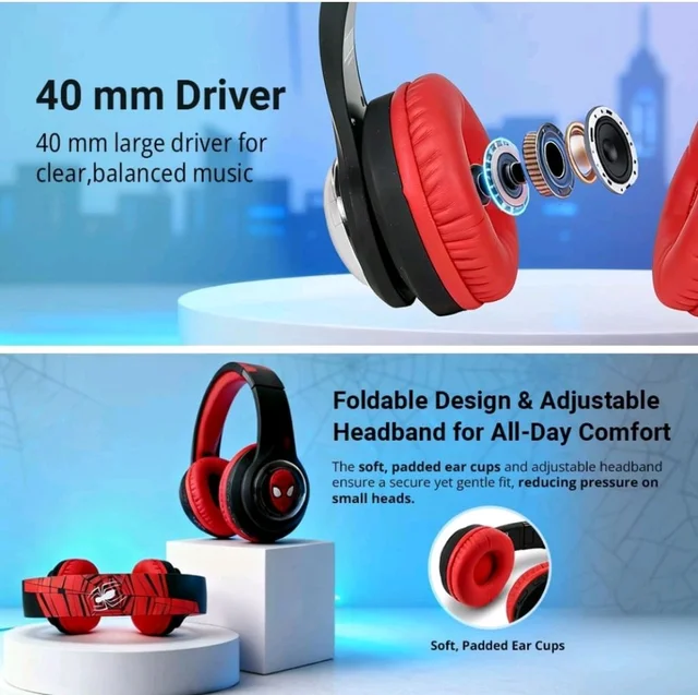 Marvel Spider-Man Kids 3D Bluetooth Wireless Stereo Headphones with Mic| Foldable Ear Cups | Kids Safe 85dB Volume| Aux & SD Card Input | RGB Lights | 30H Playtime | Perfect for Boys | Ages 5-16