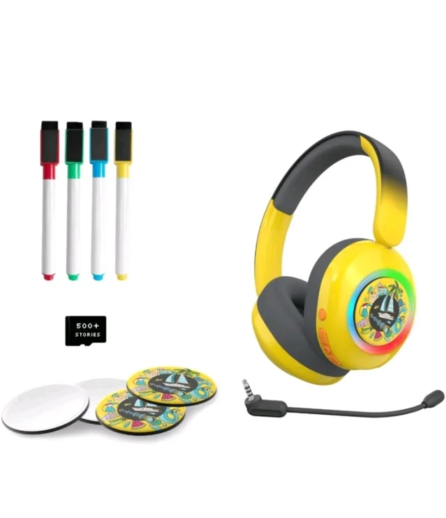 WatchOut Galaxy Kids Headphones with Safe Sound as per WHO, 500+ Inbuilt Audio Stories, DIY Magnets, LED, Bluetooth + Wired, Mic for School, Gift, Boys, Girls, Children, Teens, Age 3-18 (Hello Yellow)