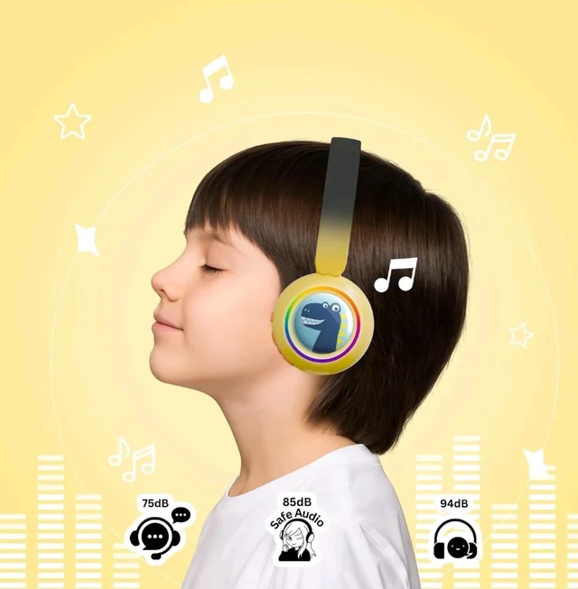 WatchOut Galaxy Kids Headphones with Safe Sound as per WHO, 500+ Inbuilt Audio Stories, DIY Magnets, LED, Bluetooth + Wired, Mic for School, Gift, Boys, Girls, Children, Teens, Age 3-18 (Hello Yellow)