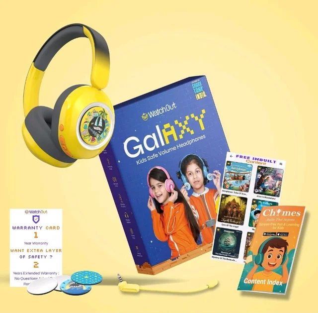 WatchOut Galaxy Kids Headphones with Safe Sound as per WHO, 500+ Inbuilt Audio Stories, DIY Magnets, LED, Bluetooth + Wired, Mic for School, Gift, Boys, Girls, Children, Teens, Age 3-18 (Hello Yellow)