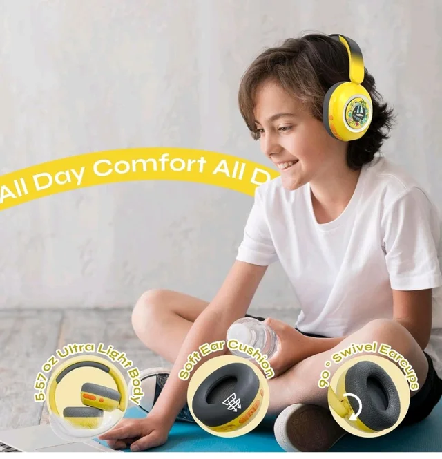 WatchOut Galaxy Kids Headphones with Safe Sound as per WHO, 500+ Inbuilt Audio Stories, DIY Magnets, LED, Bluetooth + Wired, Mic for School, Gift, Boys, Girls, Children, Teens, Age 3-18 (Hello Yellow)