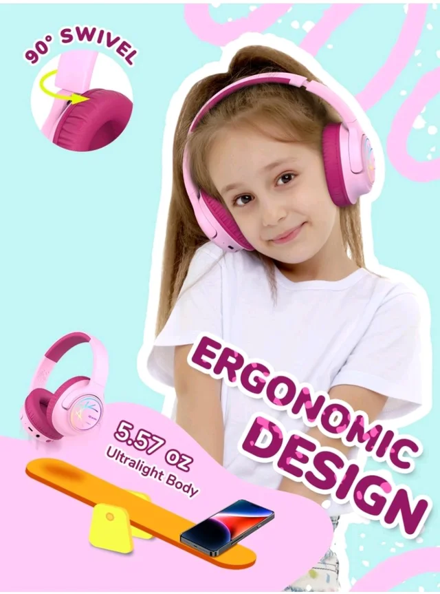 iClever Kids Bluetooth On Ear Headphones With Led Lights, Bth18 Safe Volume 74/85/94Dba, 43H Playtime, Bluetooth5.3 Kids Headphones Wireless For Travel,