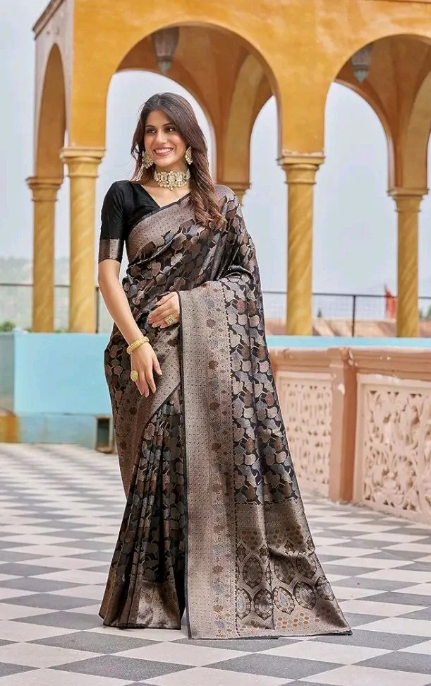 SWORNOF Womens Kanjivaram Silk Saree with Zari Woven Saree With Blouse Piece