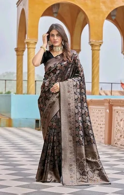SWORNOF Womens Kanjivaram Silk Saree with Zari Woven Saree With Blouse Piece