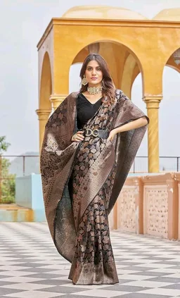 SWORNOF Womens Kanjivaram Silk Saree with Zari Woven Saree With Blouse Piece