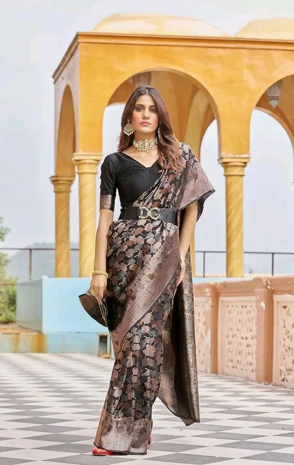 SWORNOF Womens Kanjivaram Silk Saree with Zari Woven Saree With Blouse Piece