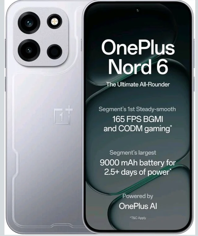 OnePlus Nord 6 | 8GB+256GB | Quick Silver | Snapdragon 8s Gen 4 | Segment's First Stable 165FPS Gaming | Segment's Largest 9000mAh Battery | Most Complete IP Rating | Personalized AI - Quick Silver