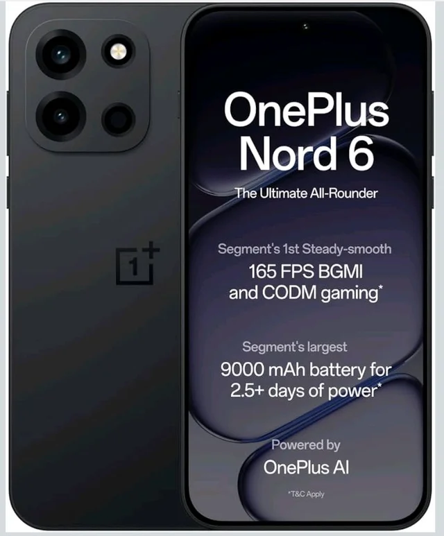 OnePlus Nord 6 | 8GB+256GB | Pitch Black | Snapdragon 8s Gen 4 | Segment's First Stable 165FPS Gaming | Segment's Largest 9000mAh Battery | Most Complete IP Rating | Personalized AI - Pitch Black