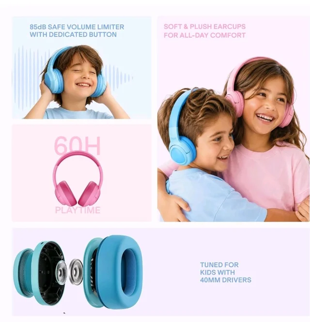 boAt Sailor Play Wireless Kids Headphone w/85dB Volume Limiter, 40mm Driver Tuned for Kids, Soft & Plush Earcups, Lightweight & Durable Build, Adaptive Fit, 60H Battery, Bluetooth v5.4 (Shark Blue)