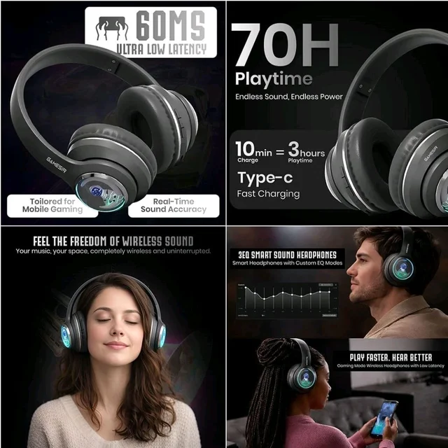GameSir Astro Junior Wireless Headphones with 40mm Drivers, Deep Bass Stereo Sound, Bluetooth 5.3, Over-Ear Noise Isolation Headset with LED Light, Built-in Mic for PC, Mobile & Laptop (Black)