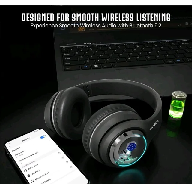 GameSir Astro Junior Wireless Headphones with 40mm Drivers, Deep Bass Stereo Sound, Bluetooth 5.3, Over-Ear Noise Isolation Headset with LED Light, Built-in Mic for PC, Mobile & Laptop (Black)