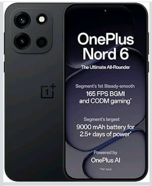 OnePlus Nord 6 | 12GB+256GB | Pitch Black | Snapdragon 8s Gen 4 | Segment's First Stable 165FPS Gaming | Segment's Largest 9000mAh Battery | Most Complete IP Rating | Personalized AI - Pitch Black
