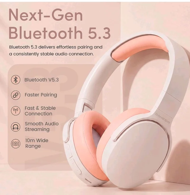 GameSir BeatXtra Wireless Stereo Bluetooth Headphones V5.3, Over Ear Foldable Headset with 40mm Drivers, Soft Cushioned Ear Pads, Built-in Mic, AUX Input, 10M Wireless Range, Teen & Adults (Pink)