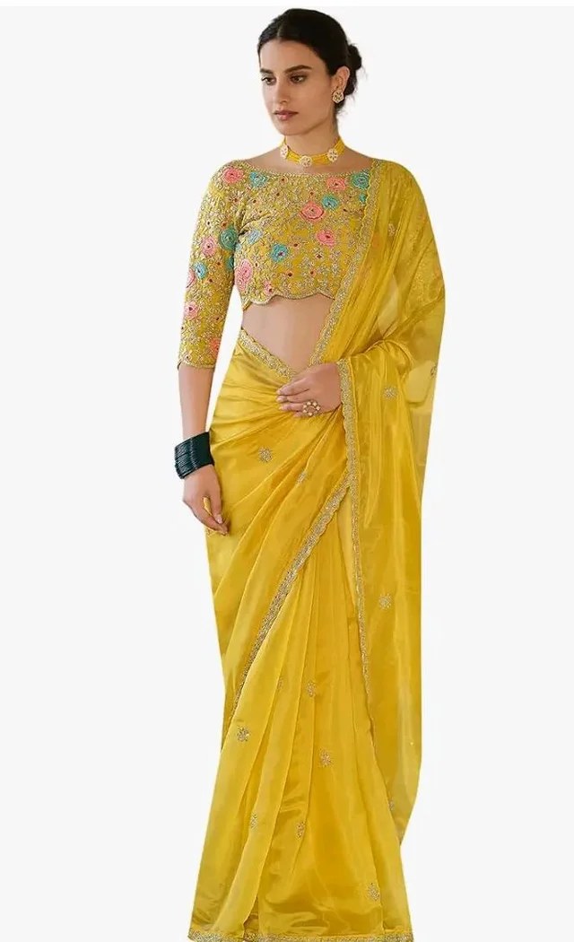 Designer Yellow Organza Saree with Embroidered Blouse, Floral Thread Work, Sequins and Zari Border, Unstitched Blouse Piece