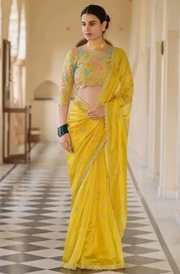 Designer Yellow Organza Saree with Embroidered Blouse, Floral Thread Work, Sequins and Zari Border, Unstitched Blouse Piece