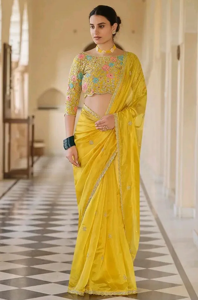 Designer Yellow Organza Saree with Embroidered Blouse, Floral Thread Work, Sequins and Zari Border, Unstitched Blouse Piece