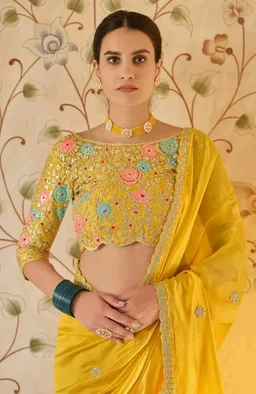 Designer Yellow Organza Saree with Embroidered Blouse, Floral Thread Work, Sequins and Zari Border, Unstitched Blouse Piece