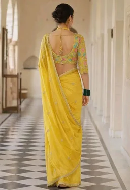 Designer Yellow Organza Saree with Embroidered Blouse, Floral Thread Work, Sequins and Zari Border, Unstitched Blouse Piece